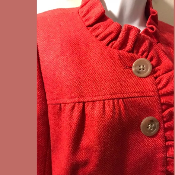 J. CREW Fiona Herringbone Jacket Coat Red Wool Ruffle Trim Donegal Career Work - Picture 4 of 7